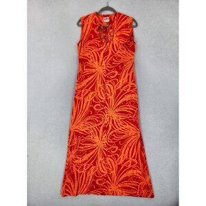 KeAno Dress Women 12 Orange Red Vintage Hawaiian Floral Maxi Sleeveless Tropical